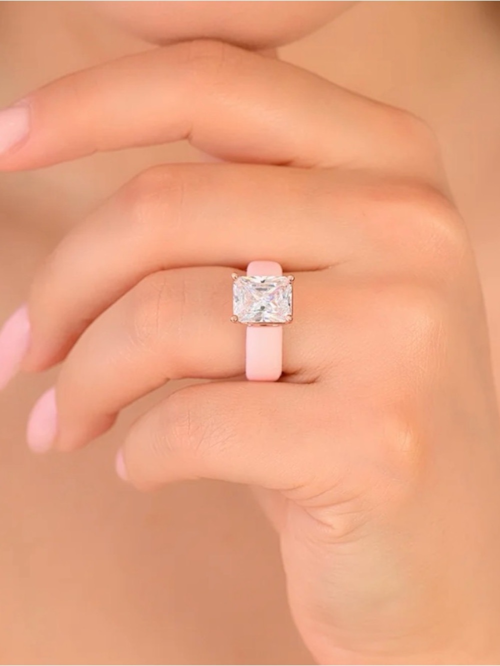 Pink Silicone Sz 6 Ring with CZ ring w/rectangle CZ